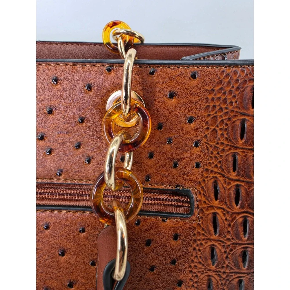 Brown‎ Croc Ostrich Embossed Satchel Handbag Crossbody Gold Chain Link Strap